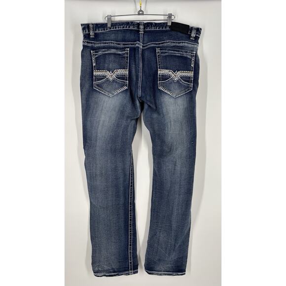 True Luck Men's Denim Jeans 40x35 Straight Leg Stonewashed Thick Stitch EUC - Picture 2 of 15